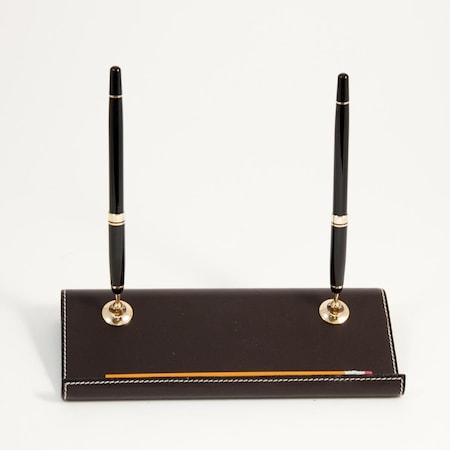 Bey Berk International Bey-Berk International Coco Brown Leather Double Pen Stand with Gold Plated Accents D1218